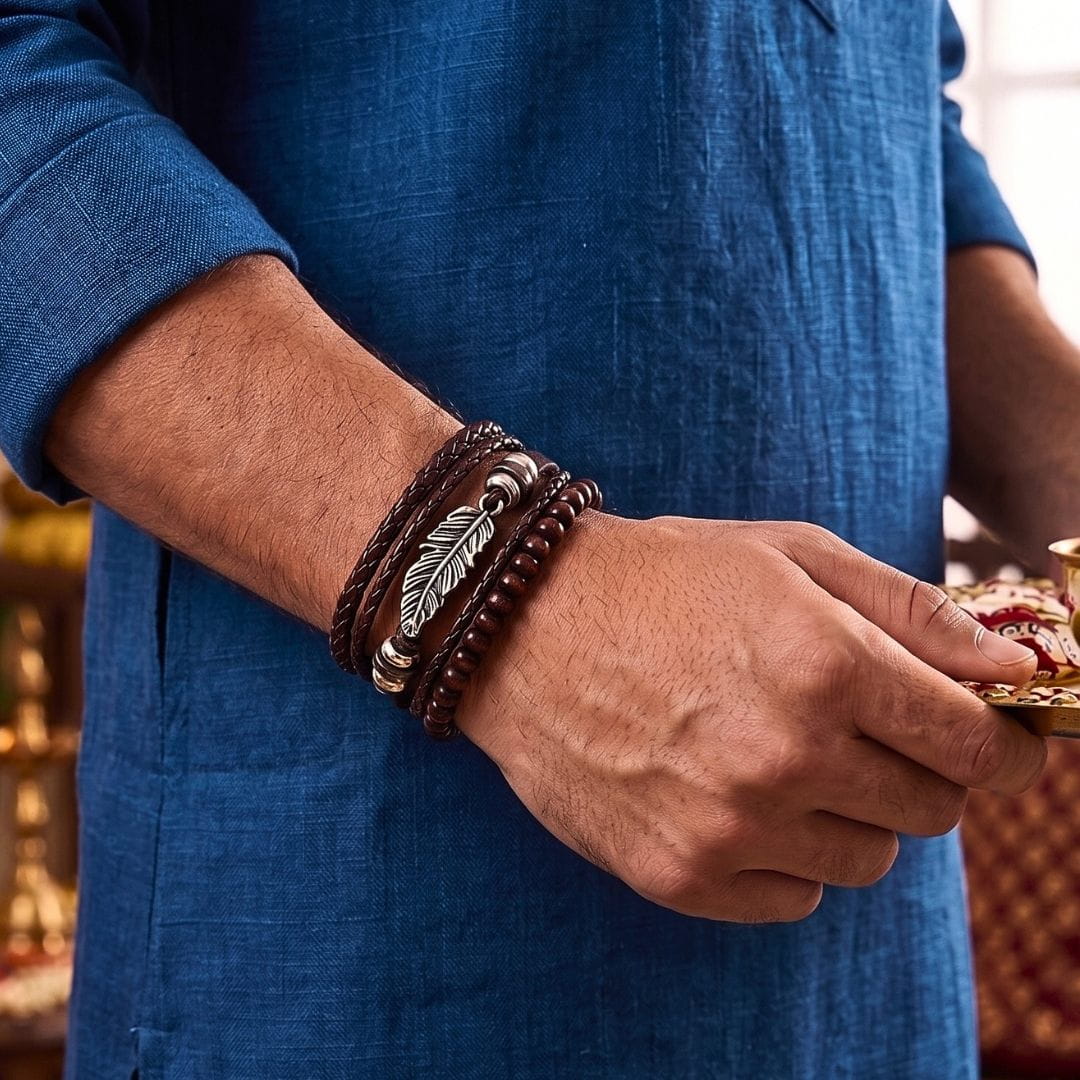 THE MEN THING Leather Bracelet The Perfect Rakhi Gift For Every Brother – VINTAGE PLUME - Genuine Leather Bracelets With Timeless Style (Adjustable)