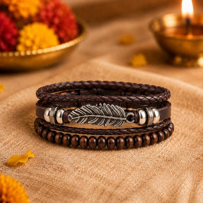 THE MEN THING Leather Bracelet The Perfect Rakhi Gift For Every Brother – VINTAGE PLUME - Genuine Leather Bracelets With Timeless Style (Adjustable)