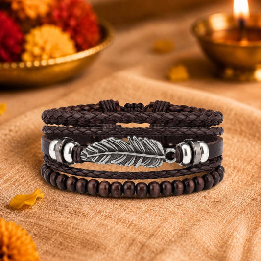 THE MEN THING Leather Bracelet The Perfect Rakhi Gift For Every Brother – VINTAGE PLUME - Genuine Leather Bracelets With Timeless Style (Adjustable)
