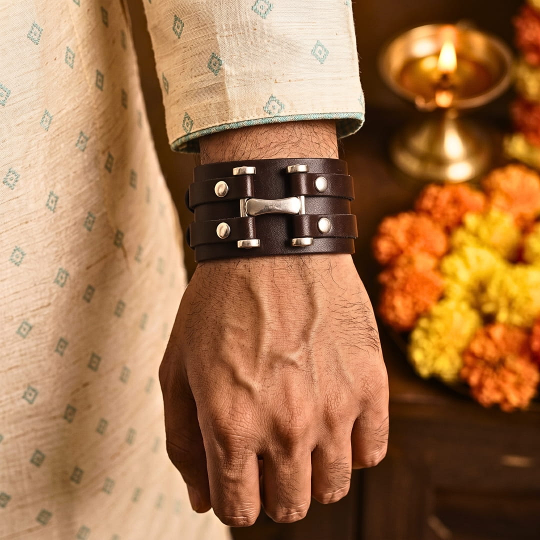 THE MEN THING Leather Bracelet The Perfect Rakhi Gift For Every Brother – WARFORGE BROWN BAND - Premium Leather Bracelets With Timeless Style (8inch)