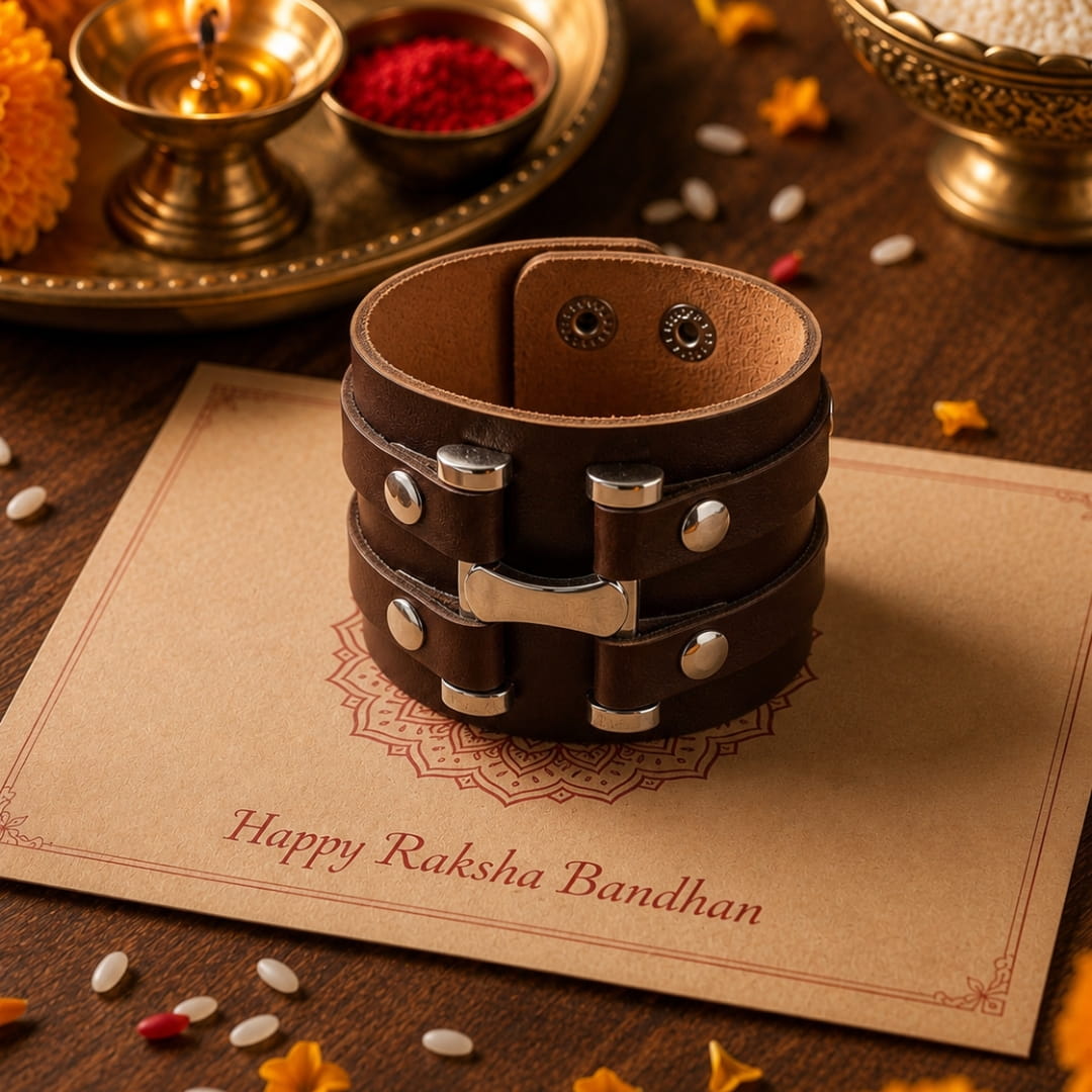THE MEN THING Leather Bracelet The Perfect Rakhi Gift For Every Brother – WARFORGE BROWN BAND - Premium Leather Bracelets With Timeless Style (8inch)