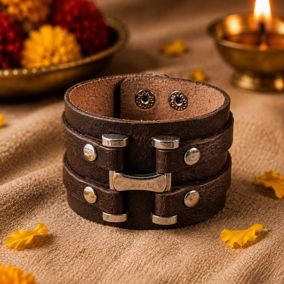 THE MEN THING Leather Bracelet The Perfect Rakhi Gift For Every Brother – WARFORGE BROWN BAND - Premium Leather Bracelets With Timeless Style (8inch)