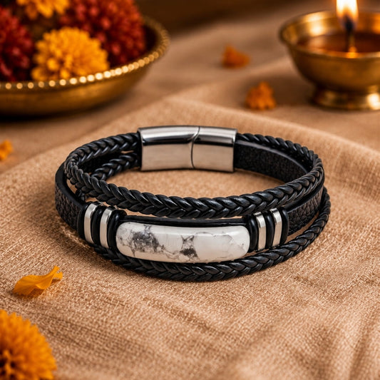 THE MEN THING Leather Bracelet The Perfect Rakhi Gift For Every Brother – WHITE HOWLITE CORE - Premium Leather Multi-Layer Bracelet With Timeless Style (8inch)