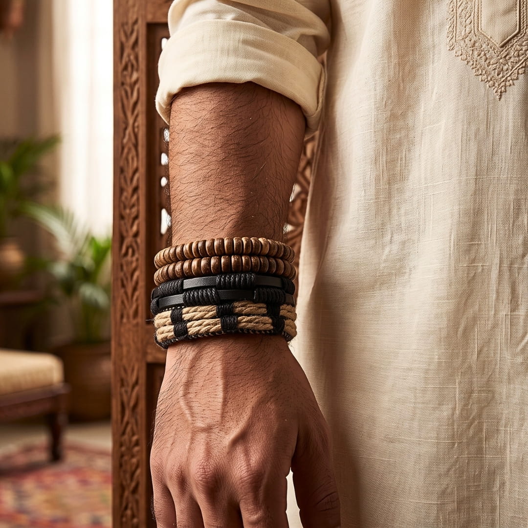 THE MEN THING Leather Bracelet The Perfect Rakhi Gift For Every Brother – WILDERNESS BAND - Premium 4 Pcs Leather Bracelets With Timeless Style (8inch)