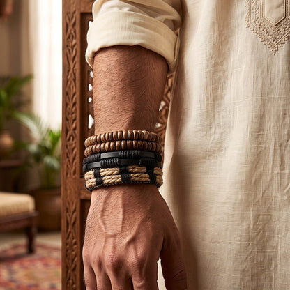 THE MEN THING Leather Bracelet The Perfect Rakhi Gift For Every Brother – WILDERNESS BAND - Premium 4 Pcs Leather Bracelets With Timeless Style (8inch)