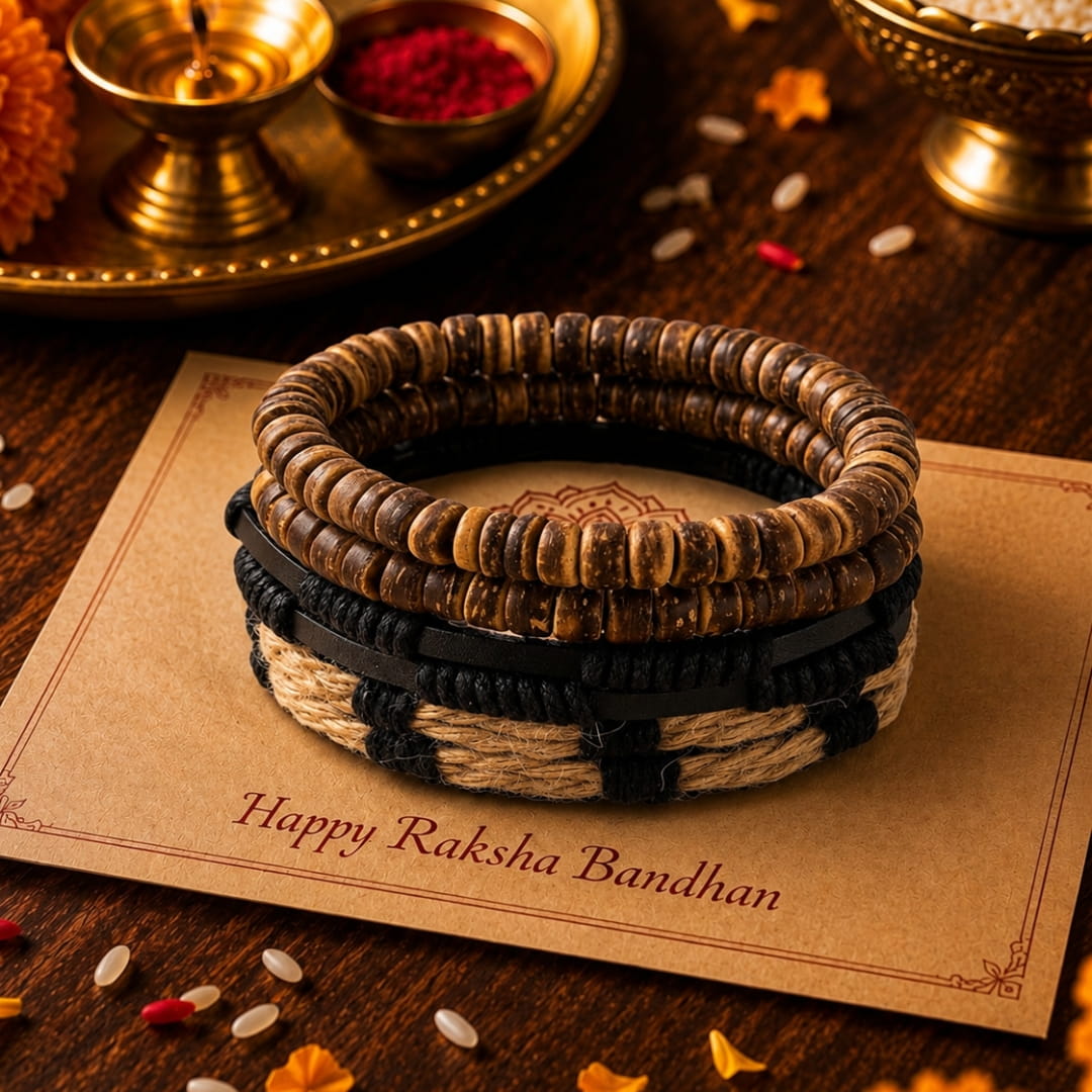 THE MEN THING Leather Bracelet The Perfect Rakhi Gift For Every Brother – WILDERNESS BAND - Premium 4 Pcs Leather Bracelets With Timeless Style (8inch)
