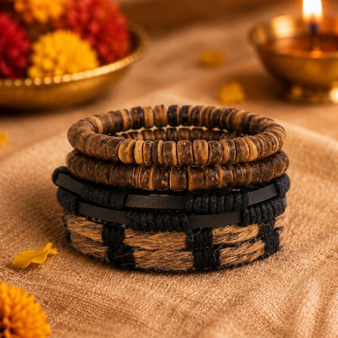 THE MEN THING Leather Bracelet The Perfect Rakhi Gift For Every Brother – WILDERNESS BAND - Premium 4 Pcs Leather Bracelets With Timeless Style (8inch)