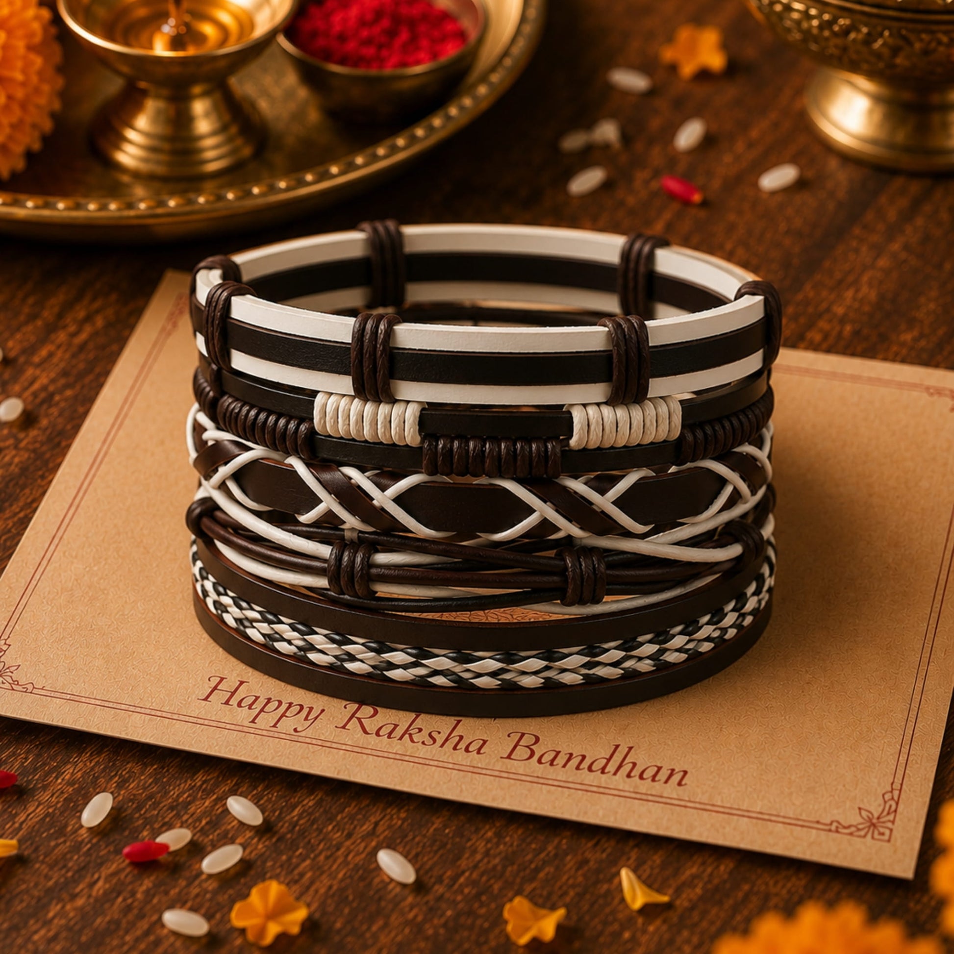 THE MEN THING Leather Bracelet The Perfect Rakhi Gift For Every Brother – WOLFBANE STRAPS - Premium 5 Pcs Leather Bracelets With Timeless Style (8inch)