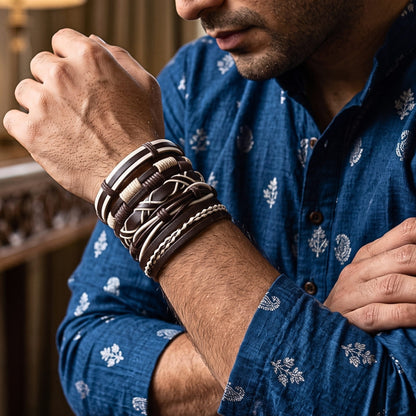 THE MEN THING Leather Bracelet The Perfect Rakhi Gift For Every Brother – WOLFBANE STRAPS - Premium 5 Pcs Leather Bracelets With Timeless Style (8inch)