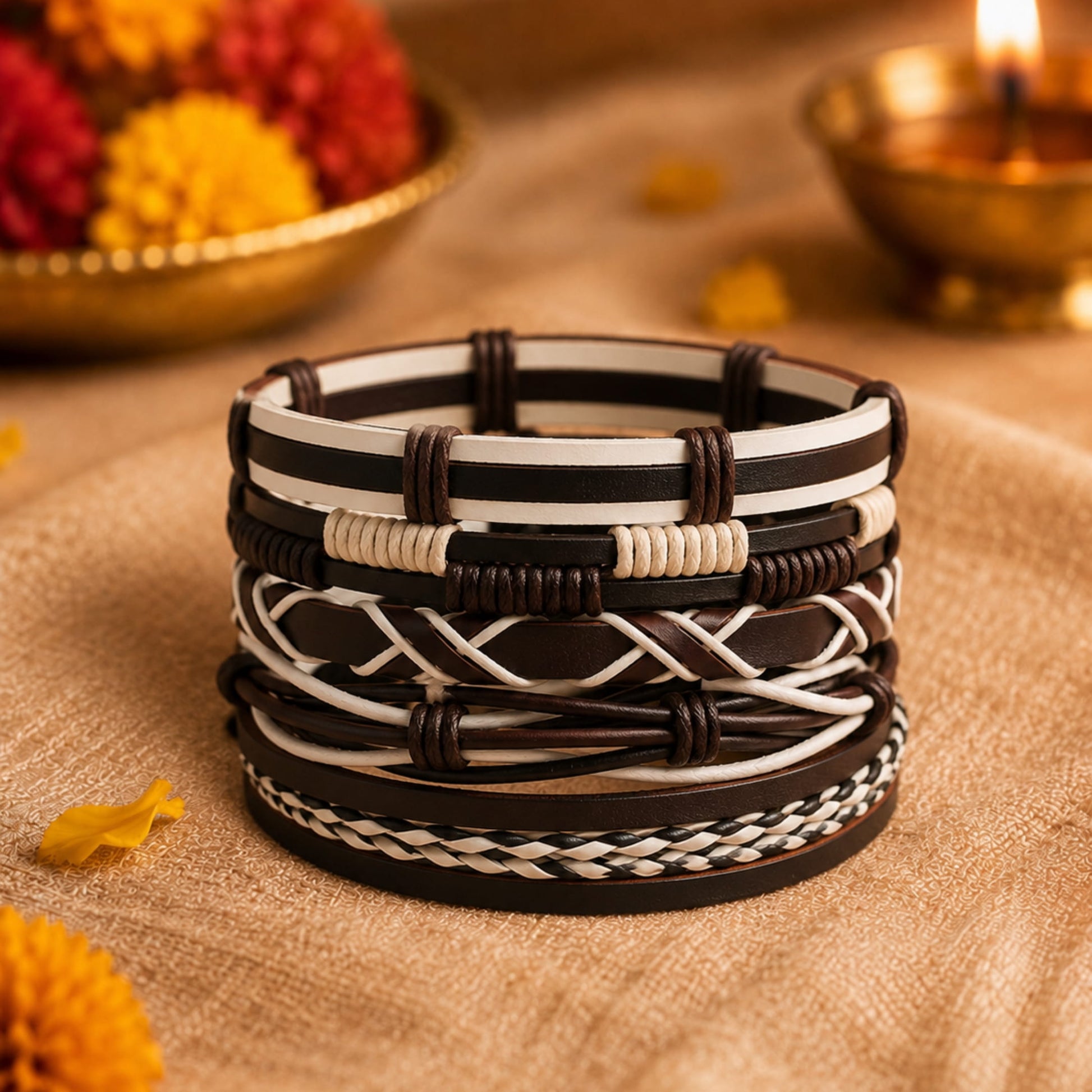 THE MEN THING Leather Bracelet The Perfect Rakhi Gift For Every Brother – WOLFBANE STRAPS - Premium 5 Pcs Leather Bracelets With Timeless Style (8inch)