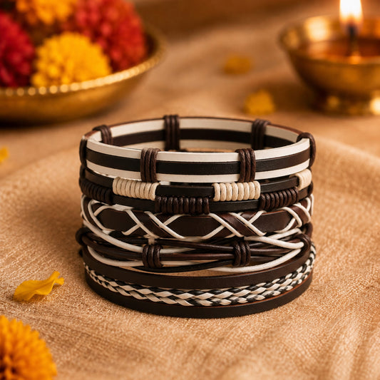 THE MEN THING Leather Bracelet The Perfect Rakhi Gift For Every Brother – WOLFBANE STRAPS - Premium 5 Pcs Leather Bracelets With Timeless Style (8inch)