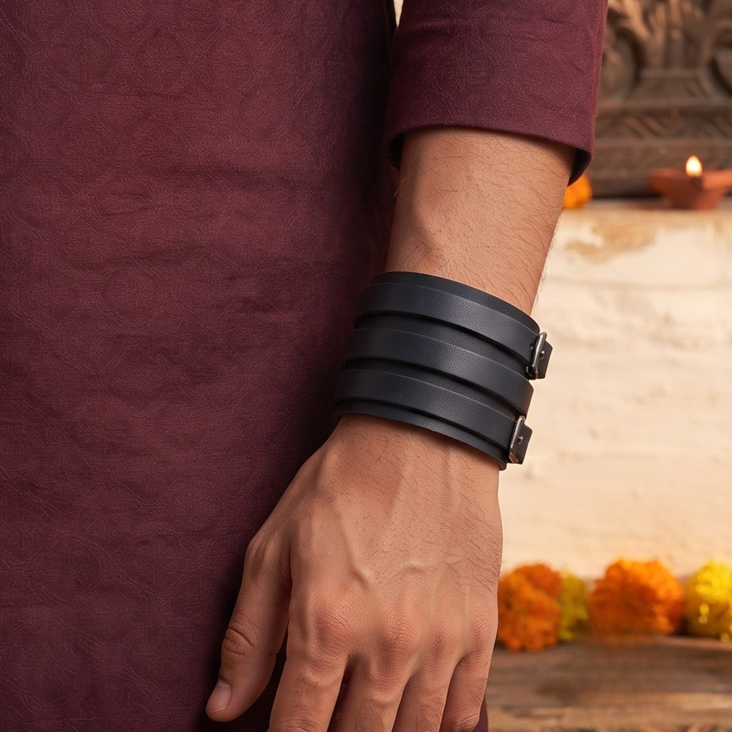 THE MEN THING Leather Bracelet The Perfect Rakhi Gift For Every Brother – Wraithbinder Black Premium Leather Bracelets With Timeless Style (8inch)