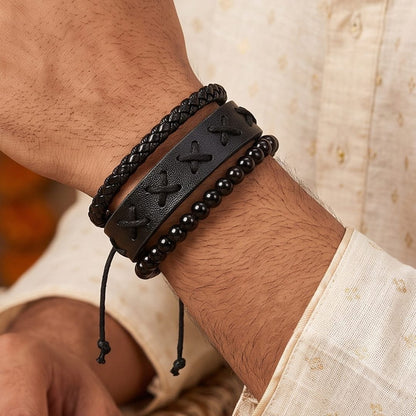 THE MEN THING Leather Bracelet The Perfect Rakhi Gift For Every Brother – X-STITCH BLACK - Leather Adjustable Bracelets With Timeless Style