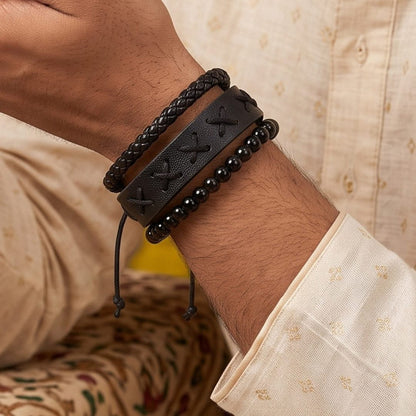 THE MEN THING Leather Bracelet The Perfect Rakhi Gift For Every Brother – X-STITCH BLACK - Leather Adjustable Bracelets With Timeless Style
