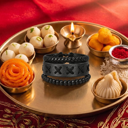 THE MEN THING Leather Bracelet The Perfect Rakhi Gift For Every Brother – X-STITCH BLACK - Leather Adjustable Bracelets With Timeless Style
