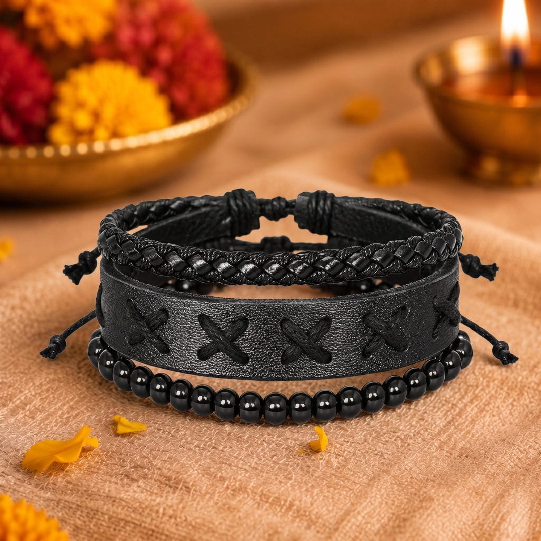 THE MEN THING Leather Bracelet The Perfect Rakhi Gift For Every Brother – X-STITCH BLACK - Leather Adjustable Bracelets With Timeless Style