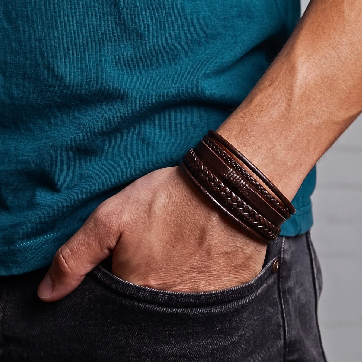 THE MEN THING Leather Bracelet TIERED TREASURE BROWN -  Leather Bracelet for Men - American Style Genuine Leather Multi-Layer Braided Bracelet with Stainless Steel Magnetic Buckle for Men & Boys
