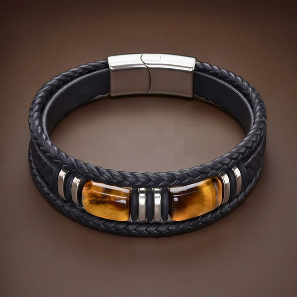 TIGER VEIN BLACK - 23mm Genuine Leather Multi-Layer Bracelet with Stainless Steel Magnetic Buckle for Men & Boys (8 inch)