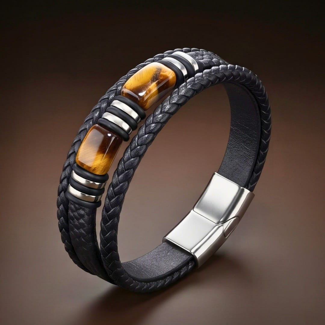 THE MEN THING Leather Bracelet TIGER VEIN BLACK - 23mm Genuine Leather Multi-Layer Bracelet with Stainless Steel Magnetic Buckle for Men & Boys (8 inch)