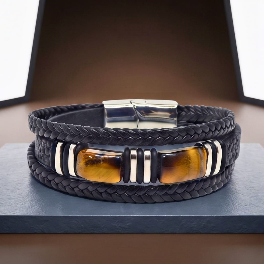 THE MEN THING Leather Bracelet TIGER VEIN BLACK - 23mm Genuine Leather Multi-Layer Bracelet with Stainless Steel Magnetic Buckle for Men & Boys (8 inch)