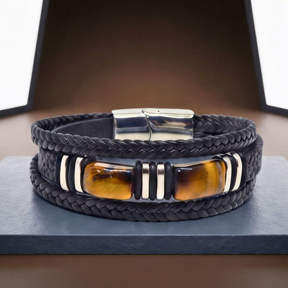 THE MEN THING Leather Bracelet TIGER VEIN BLACK - 23mm Genuine Leather Multi-Layer Bracelet with Stainless Steel Magnetic Buckle for Men & Boys (8 inch)