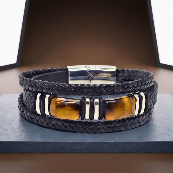 TIGER VEIN BLACK - 23mm Genuine Leather Multi-Layer Bracelet with Stainless Steel Magnetic Buckle for Men & Boys (8 inch)