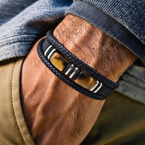TIGER VEIN BLACK - 23mm Genuine Leather Multi-Layer Bracelet with Stainless Steel Magnetic Buckle for Men & Boys (8 inch)