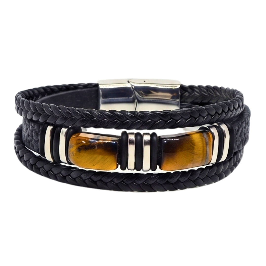 THE MEN THING Leather Bracelet TIGER VEIN BLACK - 23mm Genuine Leather Multi-Layer Bracelet with Stainless Steel Magnetic Buckle for Men & Boys (8 inch)