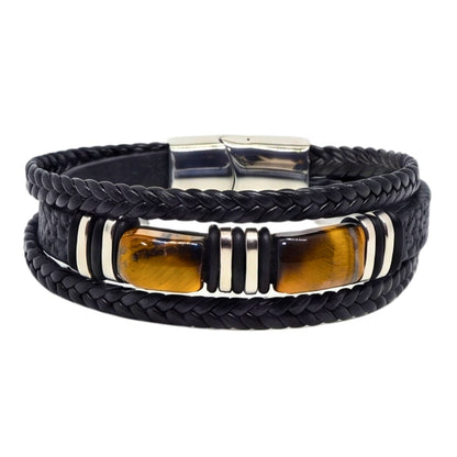 THE MEN THING Leather Bracelet TIGER VEIN BLACK - 23mm Genuine Leather Multi-Layer Bracelet with Stainless Steel Magnetic Buckle for Men & Boys (8 inch)