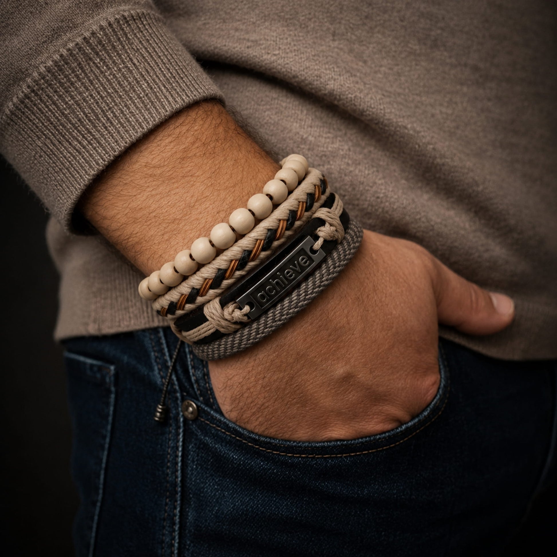 THE MEN THING Leather Bracelet TRAVERSE KNOT  -  4 Pcs Genuine Braided Leather Bracelet Set for Men & Boys (8 inch)