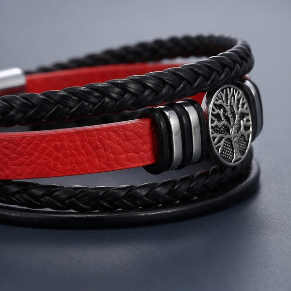 TREE CREST - 32mm Genuine Leather Multi-Layer Bracelet with Stainless Steel Magnetic Buckle for Men & Boys (8 inch)