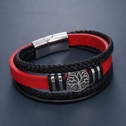 THE MEN THING Leather Bracelet TREE CREST - 32mm Genuine Leather Multi-Layer Bracelet with Stainless Steel Magnetic Buckle for Men & Boys (8 inch)