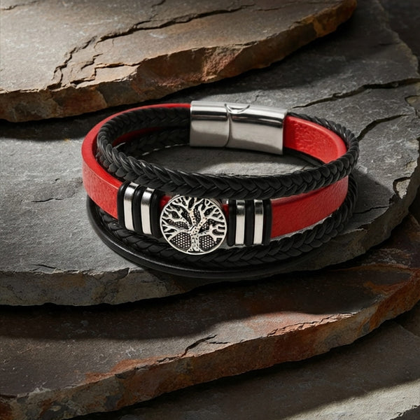 TREE CREST - 32mm Genuine Leather Multi-Layer Bracelet with Stainless Steel Magnetic Buckle for Men & Boys (8 inch)