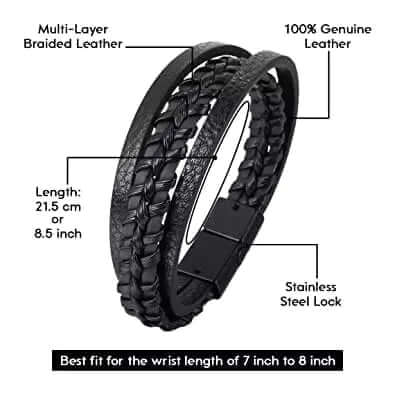 TRI-PLY - पुरुषों और लड़कों के लिए मल्टी-लेयर ब्रेडेड, 100% स्टेनलेस स्टील मैग्नेटिक बकल के साथ यूरोपीय स्टाइल असली लेदर ब्रेसलेट (8.5 इंच)