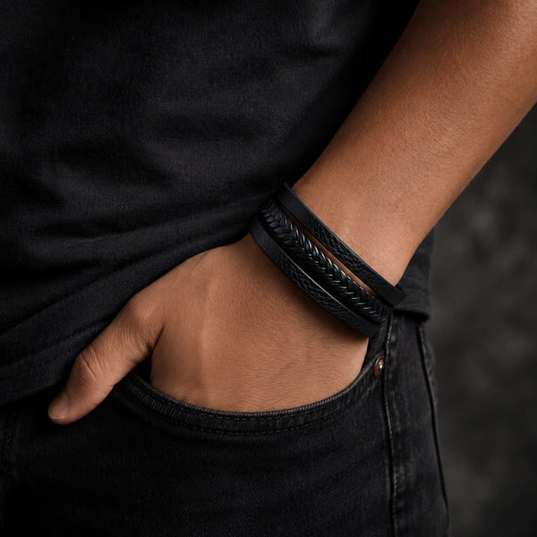 TRI-PLY -  European Style Genuine Leather Bracelet with Multi-Layer Braided, 100% Stainless Steel Magnetic Buckle for Men & Boys (8.5inch)