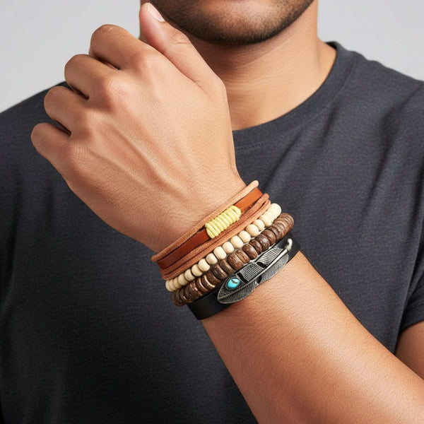 TRIBAL FEATHER STACK -  4 Pcs Genuine Braided Leather Bracelet Set for Men & Boys (8 inch)
