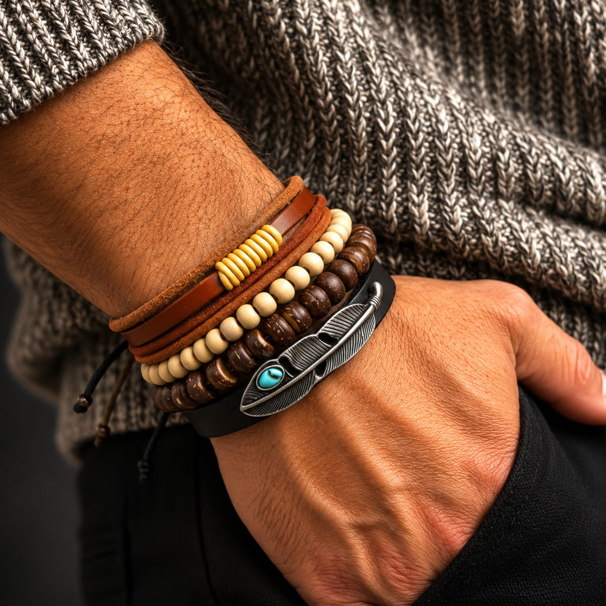 THE MEN THING Leather Bracelet TRIBAL FEATHER STACK -  4 Pcs Genuine Braided Leather Bracelet Set for Men & Boys (8 inch)