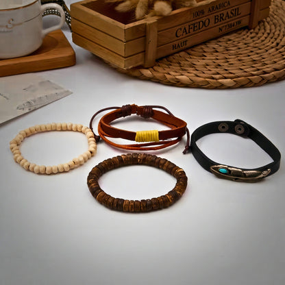 THE MEN THING Leather Bracelet TRIBAL FEATHER STACK -  4 Pcs Genuine Braided Leather Bracelet Set for Men & Boys (8 inch)