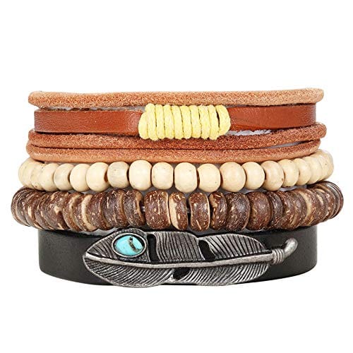 THE MEN THING Leather Bracelet TRIBAL FEATHER STACK Set of 4 Genuine Braided Leather Adjustable Bracelets for Men & Boys – 8 Inch