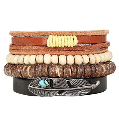 THE MEN THING Leather Bracelet TRIBAL FEATHER STACK Set of 4 Genuine Braided Leather Adjustable Bracelets for Men & Boys – 8 Inch