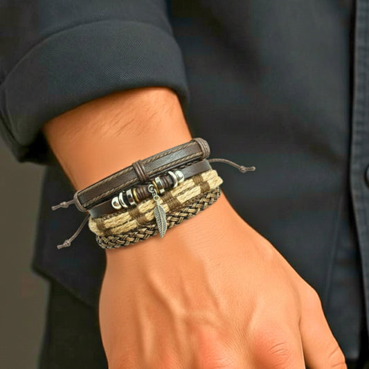 THE MEN THING Leather Bracelet TRIBAL LEAF - 4 Pcs Genuine Leather Adjustable Bracelet Set for Men & Boys (8 inch)