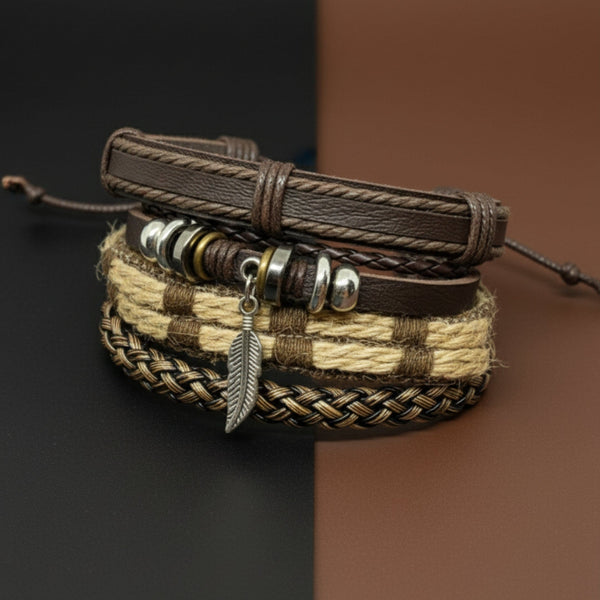 TRIBAL LEAF - 4 Pcs Genuine Leather Adjustable Bracelet Set for Men & Boys (8 inch)