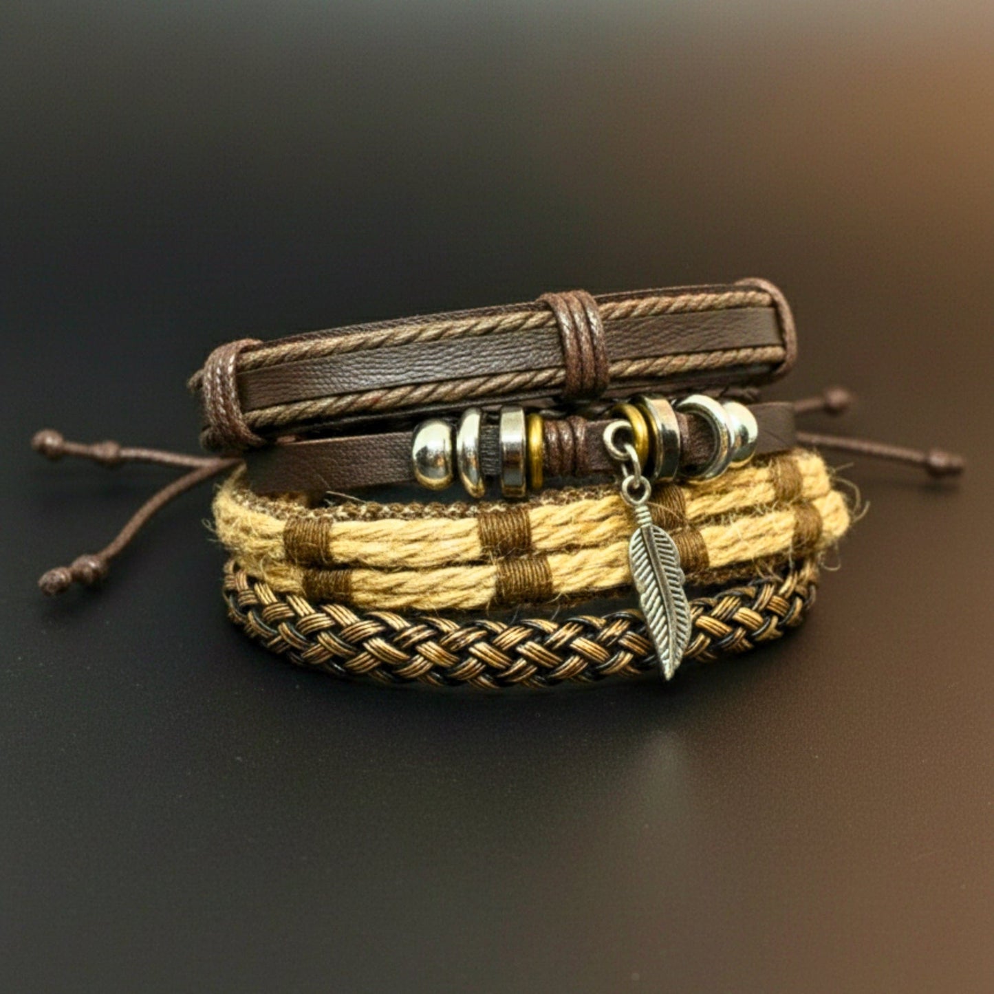 THE MEN THING Leather Bracelet TRIBAL LEAF - 4 Pcs Genuine Leather Adjustable Bracelet Set for Men & Boys (8 inch)