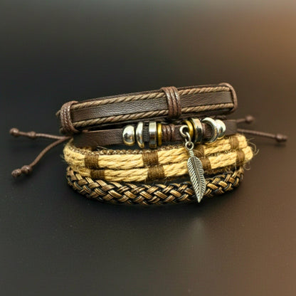 THE MEN THING Leather Bracelet TRIBAL LEAF - 4 Pcs Genuine Leather Adjustable Bracelet Set for Men & Boys (8 inch)