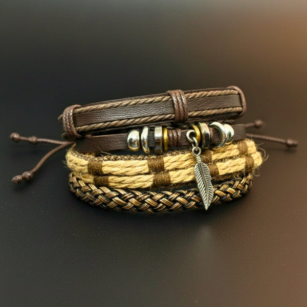 TRIBAL LEAF - 4 Pcs Genuine Leather Adjustable Bracelet Set for Men & Boys (8 inch)