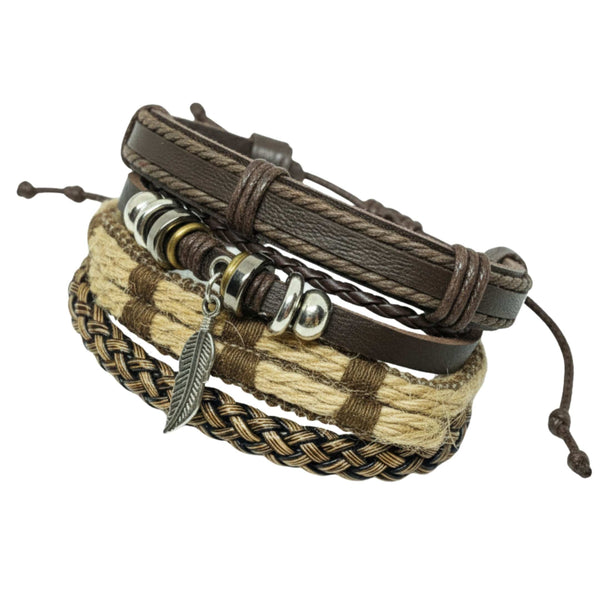 TRIBAL LEAF - 4 Pcs Genuine Leather Adjustable Bracelet Set for Men & Boys (8 inch)