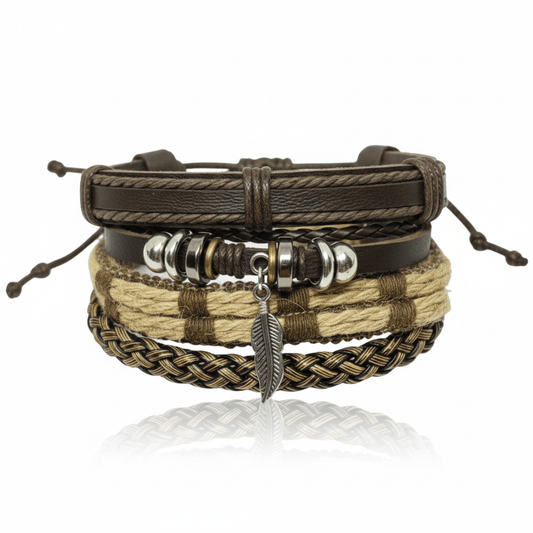 THE MEN THING Leather Bracelet TRIBAL LEAF - 4 Pcs Genuine Leather Adjustable Bracelet Set for Men & Boys (8 inch)