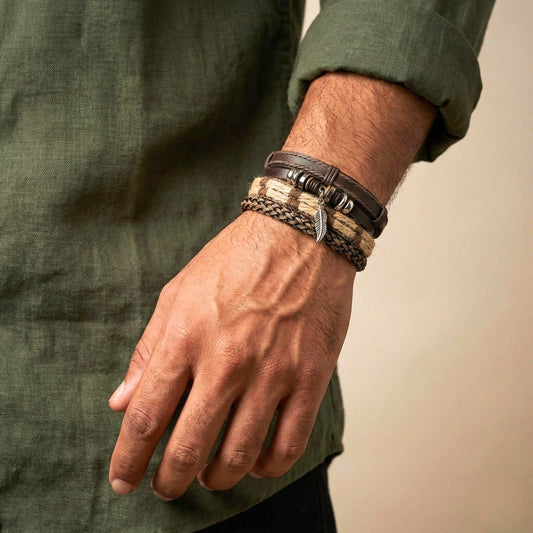 THE MEN THING Leather Bracelet TRIBAL LEAF - 4 Pcs Genuine Leather Adjustable Bracelet Set for Men & Boys (8 inch)