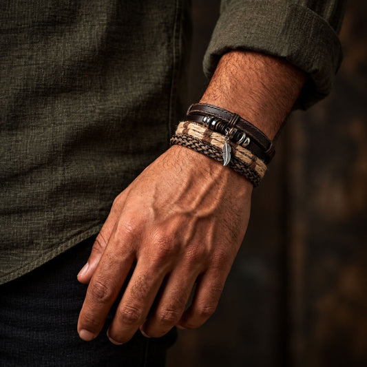 THE MEN THING Leather Bracelet TRIBAL LEAF - 4 Pcs Genuine Leather Adjustable Bracelet Set for Men & Boys (8 inch)