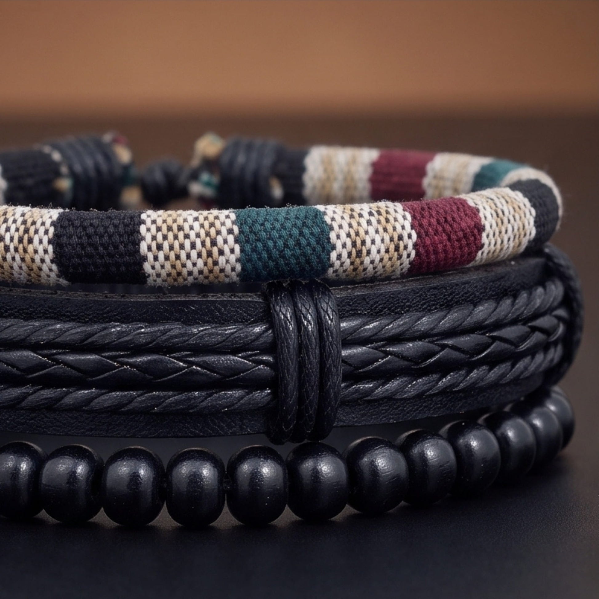THE MEN THING Leather Bracelet TRIBAL LOOM - 3Pcs Genuine Leather Adjustable Bracelets Set for Men & Boys